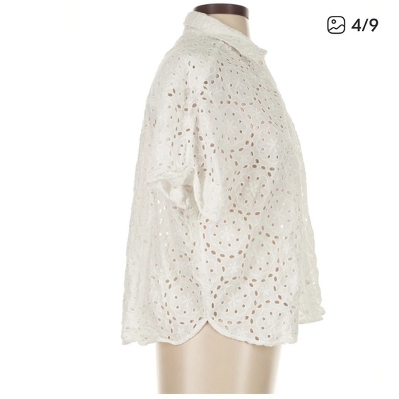 Sezane Laurineta Shirt White Eyelet Short Sleeve Button Down Size 4 - Picture 4 of 4